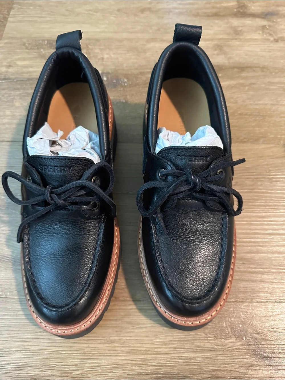 Women’s Black Leather Lug Sole Boat Shoes